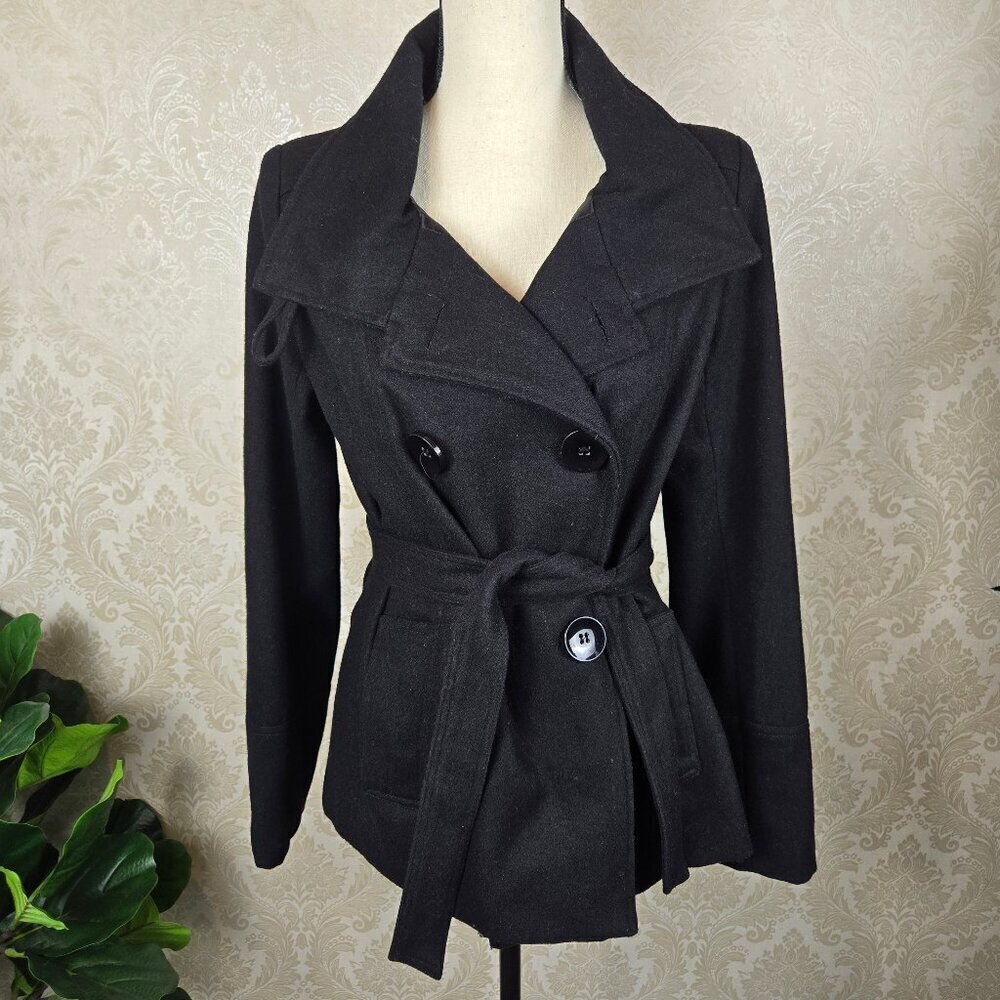 Outeredge Size Medium Black Wool Blend Peacoat Double Breasted Tie Belt Pockets